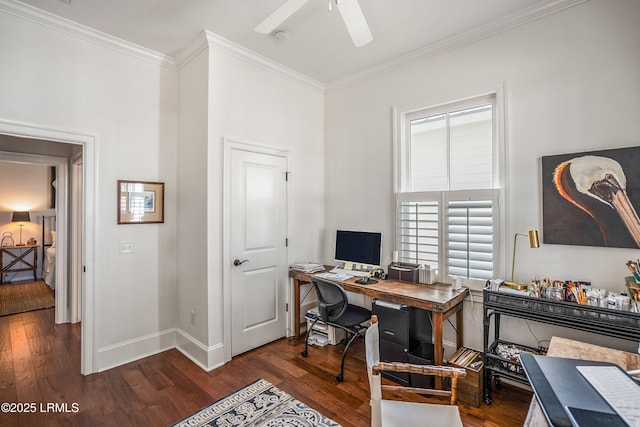 office area featuring crown molding, dark hardwood / wood-style floors, and ceiling fan