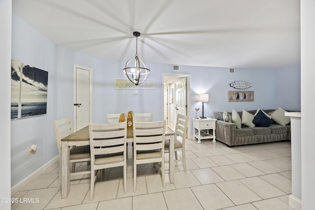 663 William Hilton Pkwy Unit 3410, Hilton Head Island, SC 29928 - dining room with light tile patterned floors, an inviting chandelier, visible vents, and baseboards
