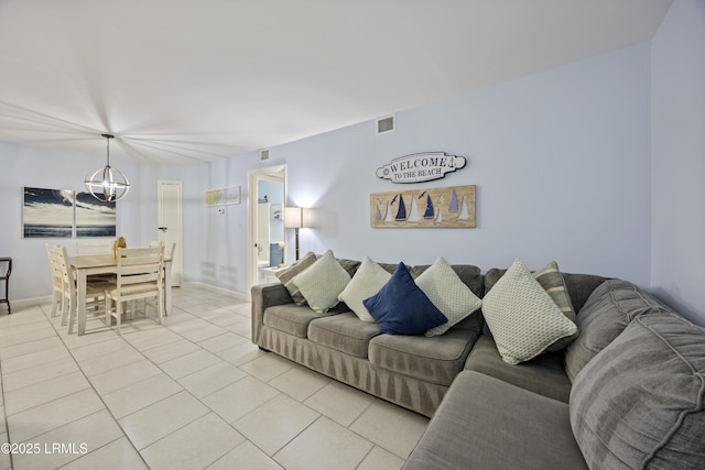 663 William Hilton Pkwy Unit 3410, Hilton Head Island, SC 29928 - living room featuring light tile patterned floors, visible vents, a notable chandelier, and baseboards