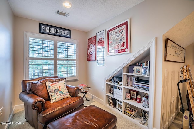 sitting room featuring carpet flooring and a textured ceiling