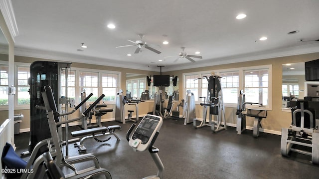 gym with crown molding, baseboards, ceiling fan, and recessed lighting