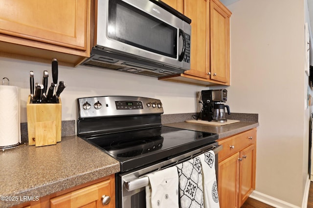 kitchen with stainless steel appliances and dark countertops