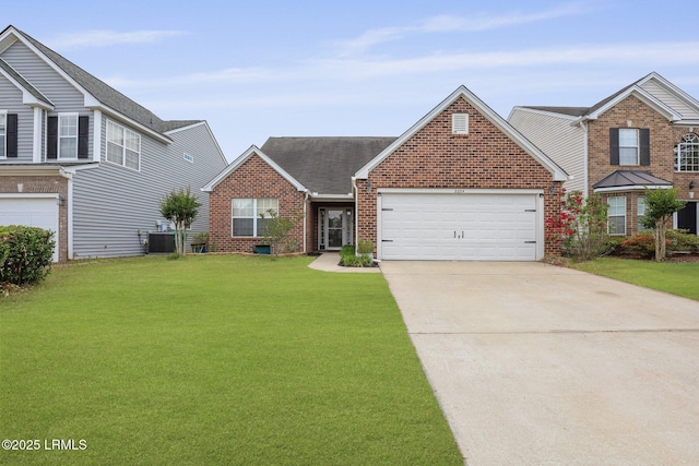 traditional home with an attached garage, brick siding, a front yard, central AC unit, and driveway
