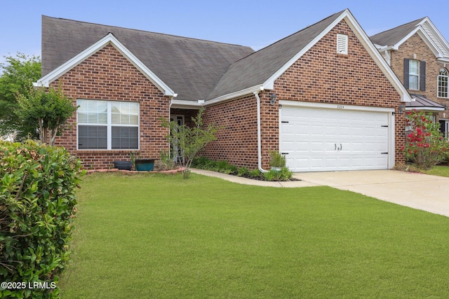 view of front facade featuring driveway, roof with shingles, brick siding, a front lawn, and an attached garage