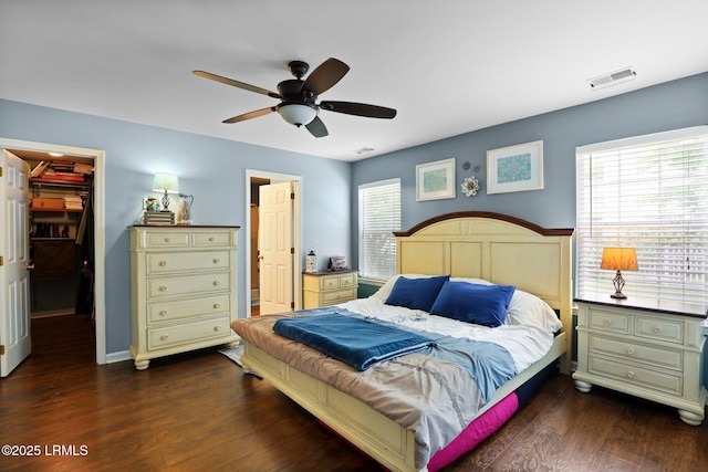 bedroom with a walk in closet, a ceiling fan, dark wood-type flooring, visible vents, and a closet