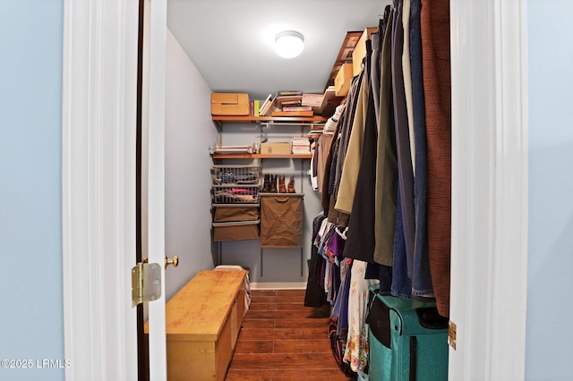 spacious closet with dark wood finished floors