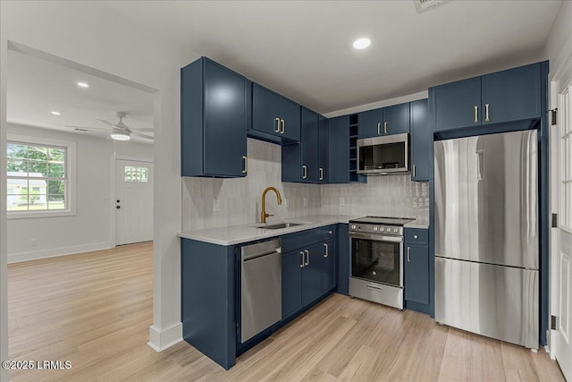 1807 Battery Park Dr, Port Royal, SC 29935 - kitchen with stainless steel appliances, blue cabinets, light wood-style flooring, and recessed lighting