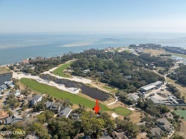 aerial view featuring a water view and golf course view