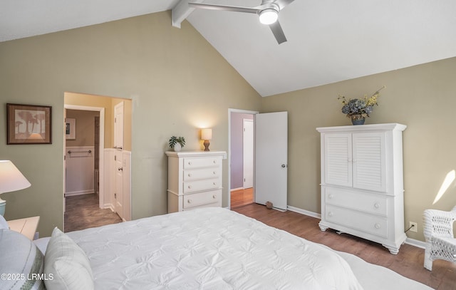 bedroom with high vaulted ceiling, connected bathroom, wood finished floors, baseboards, and beam ceiling