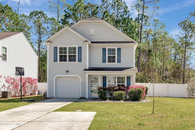 view of front of house with central air condition unit, driveway, fence, a front yard, and a garage