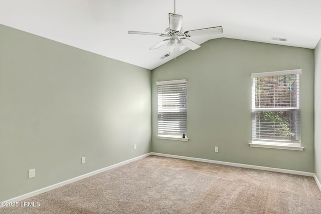 238 Turkey Oak Dr, Bluffton, SC 29910 - carpeted empty room with visible vents, baseboards, a ceiling fan, and vaulted ceiling