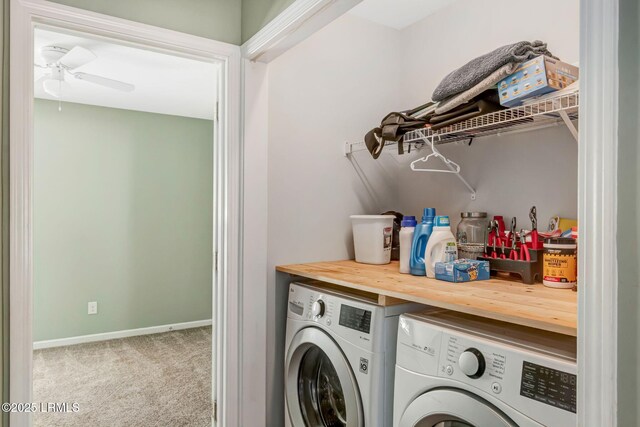 238 Turkey Oak Dr, Bluffton, SC 29910 - laundry room featuring washing machine and dryer, carpet, baseboards, ceiling fan, and laundry area