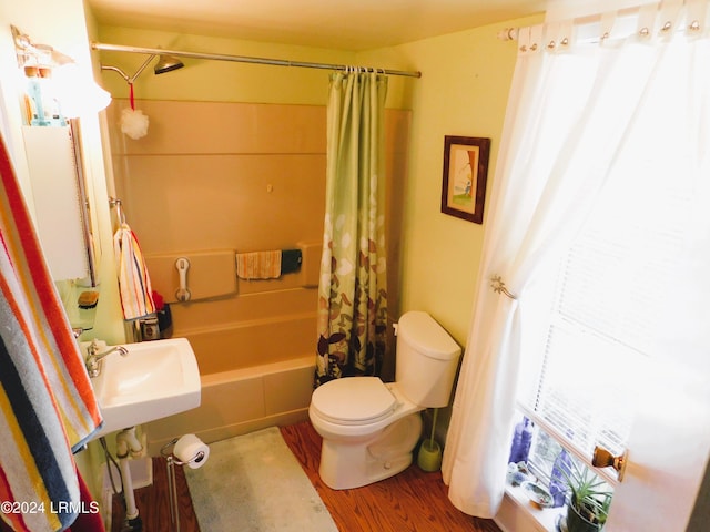 full bathroom featuring shower / tub combo with curtain, hardwood / wood-style floors, sink, and toilet