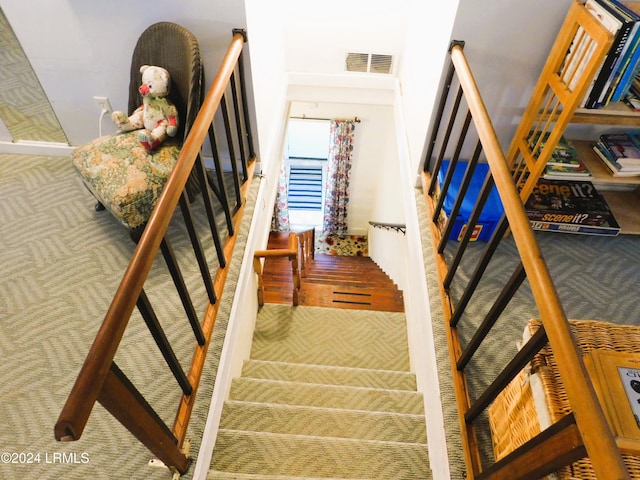 staircase featuring carpet flooring