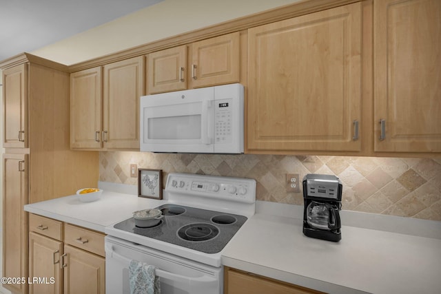 kitchen with decorative backsplash, light countertops, white appliances, and light brown cabinetry