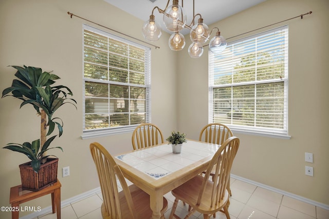 dining space featuring an inviting chandelier, baseboards, and a wealth of natural light