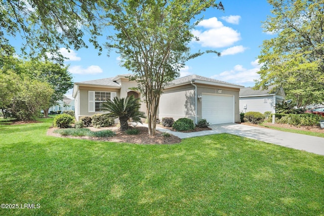 single story home with an attached garage, driveway, a front lawn, and stucco siding