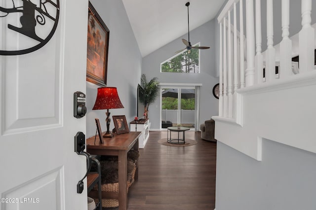 50 Lake Linden Ln Unit 50, Bluffton, SC 29910 - foyer featuring high vaulted ceiling, wood finished floors, and a ceiling fan