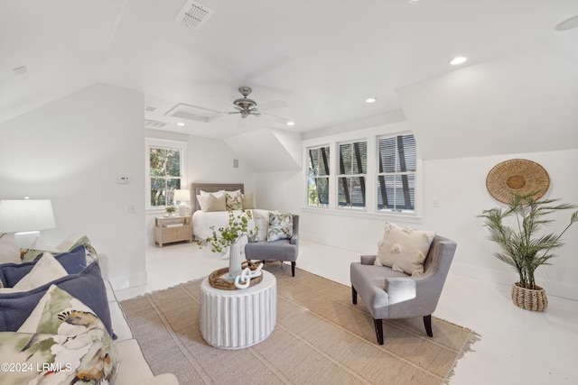 bedroom with ceiling fan and lofted ceiling