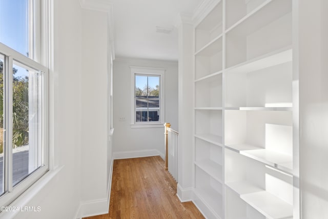 hall with crown molding and wood-type flooring