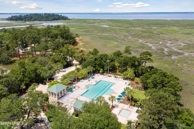 drone / aerial view with a water view