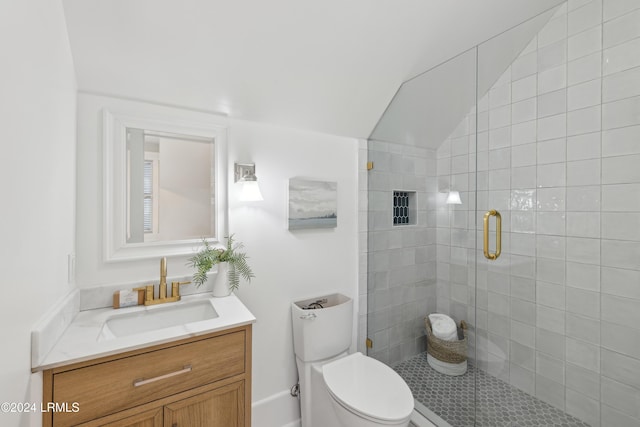 bathroom with vanity, lofted ceiling, an enclosed shower, and toilet