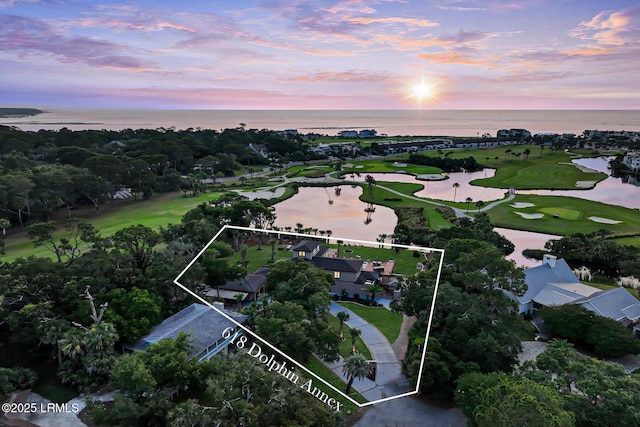 618 Dolphin Anx, Fripp Island, SC 29920 - aerial view at dusk of a water view, property boundaries highlighted, and golf course view