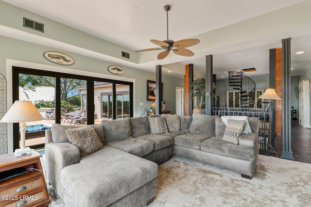 618 Dolphin Anx, Fripp Island, SC 29920 - living area with stairway, a ceiling fan, and recessed lighting