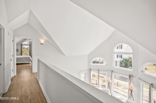 hallway with a healthy amount of sunlight, vaulted ceiling, and wood finished floors