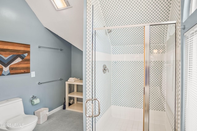 full bath featuring a stall shower, visible vents, vaulted ceiling, and toilet