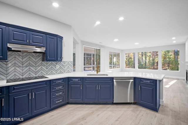 kitchen with blue cabinets, sink, black electric cooktop, dishwasher, and kitchen peninsula