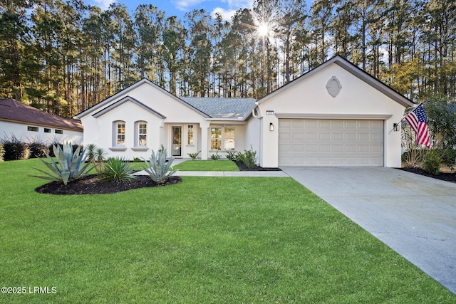 ranch-style house with a garage and a front yard