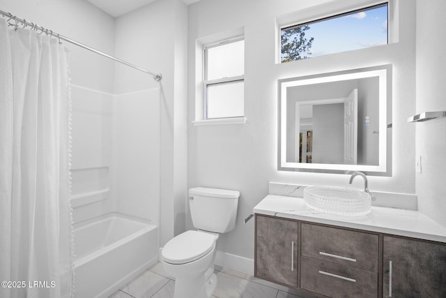 full bathroom with vanity, shower / bathtub combination with curtain, and toilet