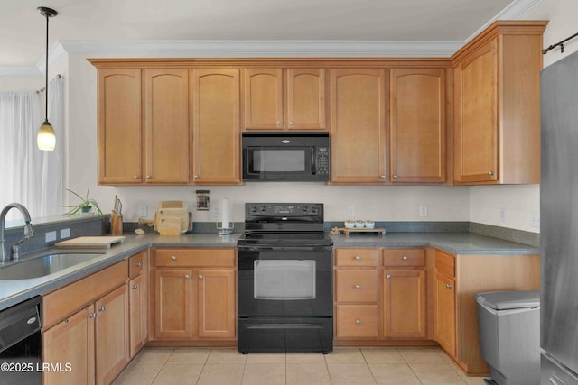 2176 Blakers Blvd, Okatie, SC 29909 - kitchen with light tile patterned floors, ornamental molding, black appliances, pendant lighting, and a sink