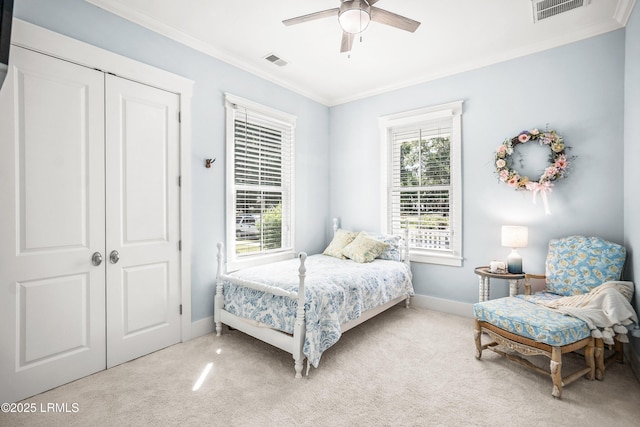 3 Veridian Park E, Beaufort, SC 29907 - bedroom featuring baseboards, ornamental molding, light carpet, a closet, and ceiling fan