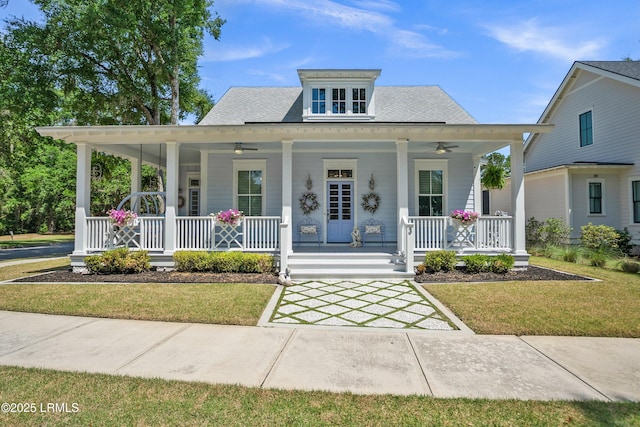 3 Veridian Park E, Beaufort, SC 29907 - view of front of house featuring a ceiling fan, covered porch, a front yard, and roof with shingles