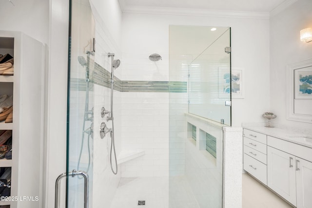3 Veridian Park E, Beaufort, SC 29907 - bathroom with a shower stall, vanity, and crown molding