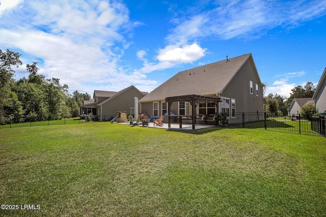 back of property with a patio, a lawn, a pergola, and a fenced backyard