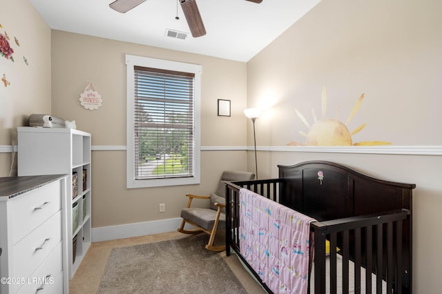 35 Sommer Lake Dr, Beaufort, SC 29902 - bedroom featuring visible vents, light carpet, baseboards, a crib, and a ceiling fan