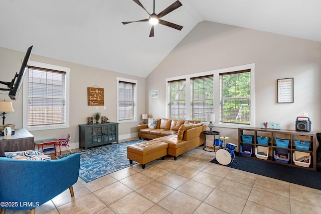 35 Sommer Lake Dr, Beaufort, SC 29902 - living area featuring a ceiling fan, light tile patterned floors, and high vaulted ceiling