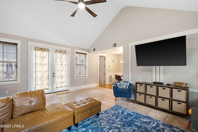 35 Sommer Lake Dr, Beaufort, SC 29902 - living room featuring ceiling fan, visible vents, tile patterned floors, and high vaulted ceiling