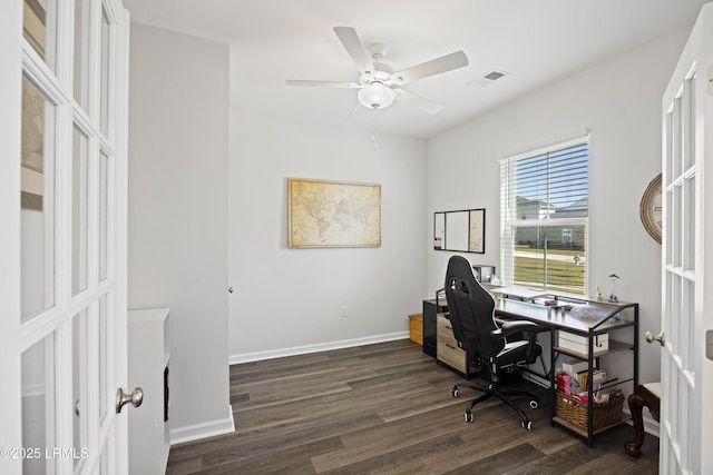 69 Garden Gate Ln, Hardeeville, SC 29927 - home office featuring dark wood finished floors, a ceiling fan, and baseboards