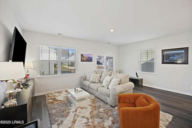 69 Garden Gate Ln, Hardeeville, SC 29927 - living room with plenty of natural light, dark wood-style flooring, baseboards, and recessed lighting