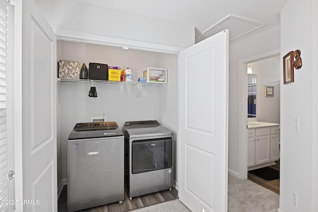 69 Garden Gate Ln, Hardeeville, SC 29927 - clothes washing area with separate washer and dryer and attic access