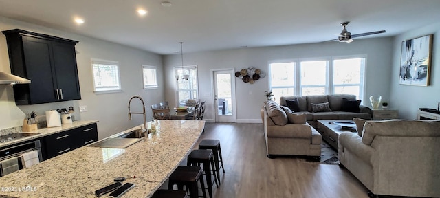 1272 Windswept Oak Ln, Beaufort, SC 29902 - kitchen with sink, dark wood-type flooring, an island with sink, decorative light fixtures, and oven