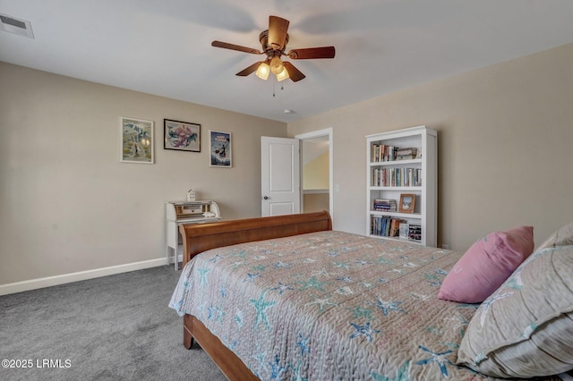 bedroom with visible vents, carpet floors, baseboards, and ceiling fan