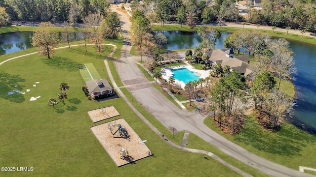 drone / aerial view featuring a water view