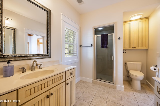 full bathroom with tile patterned flooring, toilet, vanity, baseboards, and a stall shower