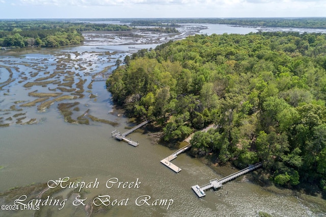 drone / aerial view with a water view and a wooded view