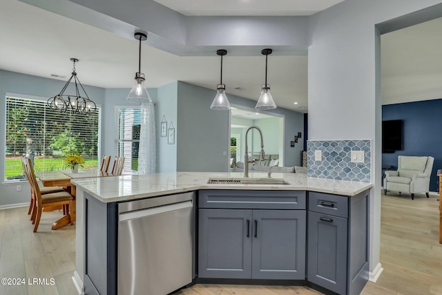 kitchen featuring sink, gray cabinetry, stainless steel dishwasher, and pendant lighting